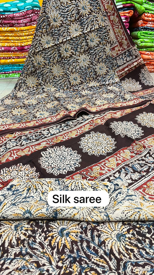 Handmade Block Printed Kalamkari Silk saree With Blouse.