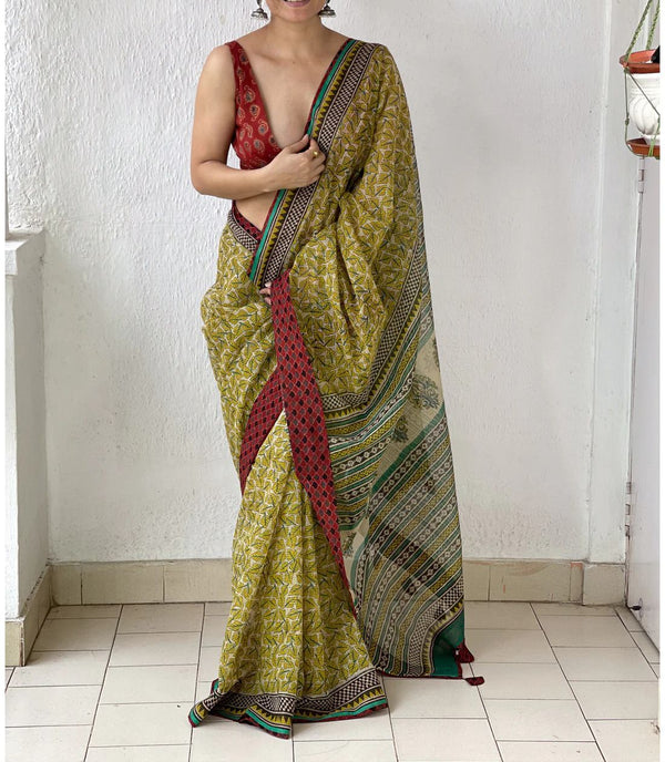 Soft Kota Silk Print Saree With Blouse.