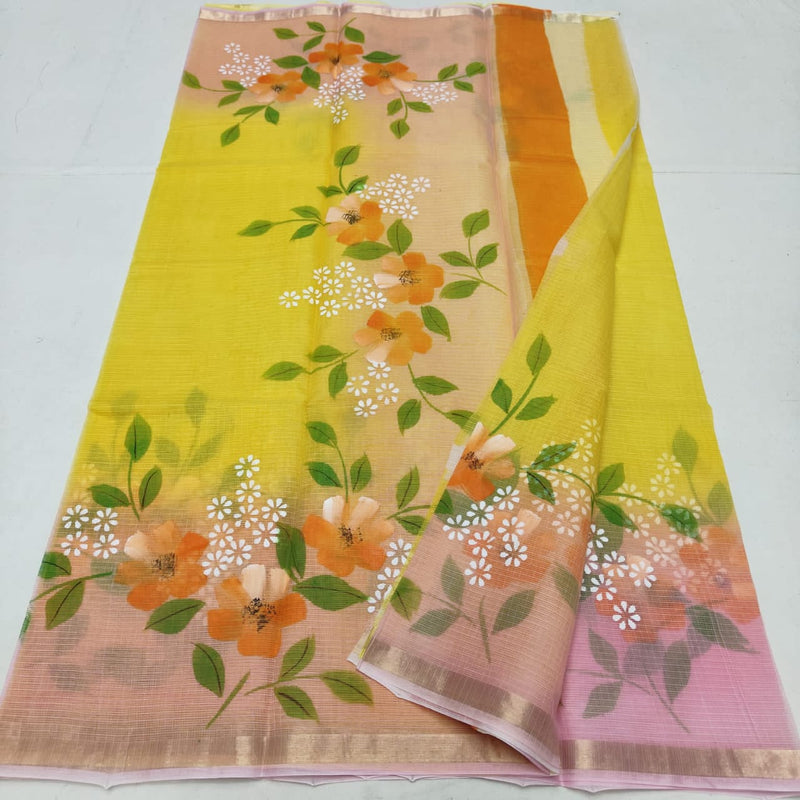 Pure Kota Cotton Brush Print Saree With Blouse.