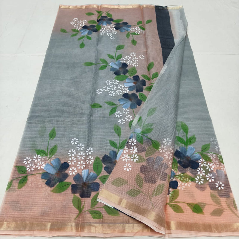 Pure Kota Cotton Brush Print Saree With Blouse.