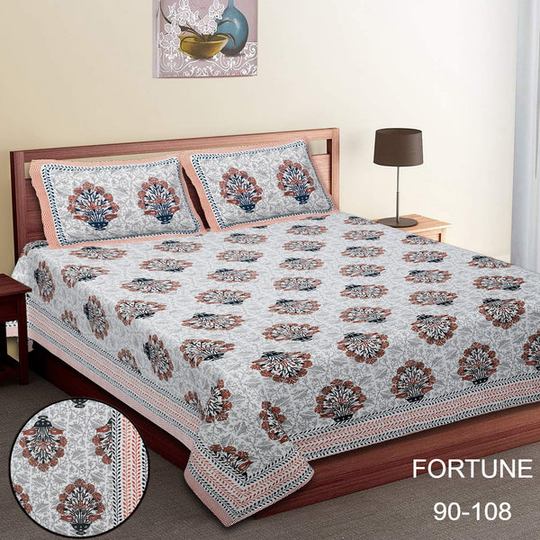 Pure Cotton King Size Double Bed Sheet With Two Pillow Cover (90x108).