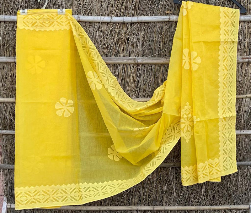 Pure Cotton Applique Work Saree With Blouse.