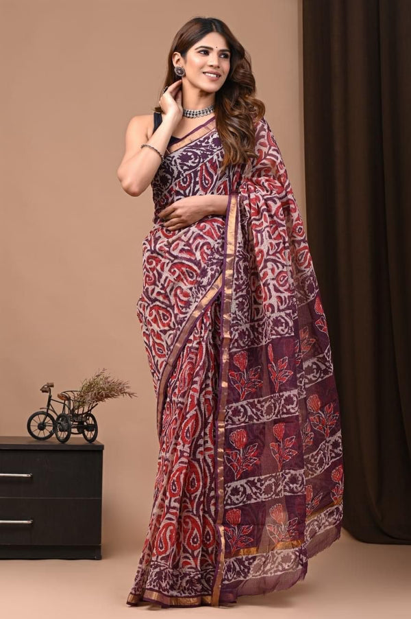 Soft Kota Silk Print Saree With Blouse.