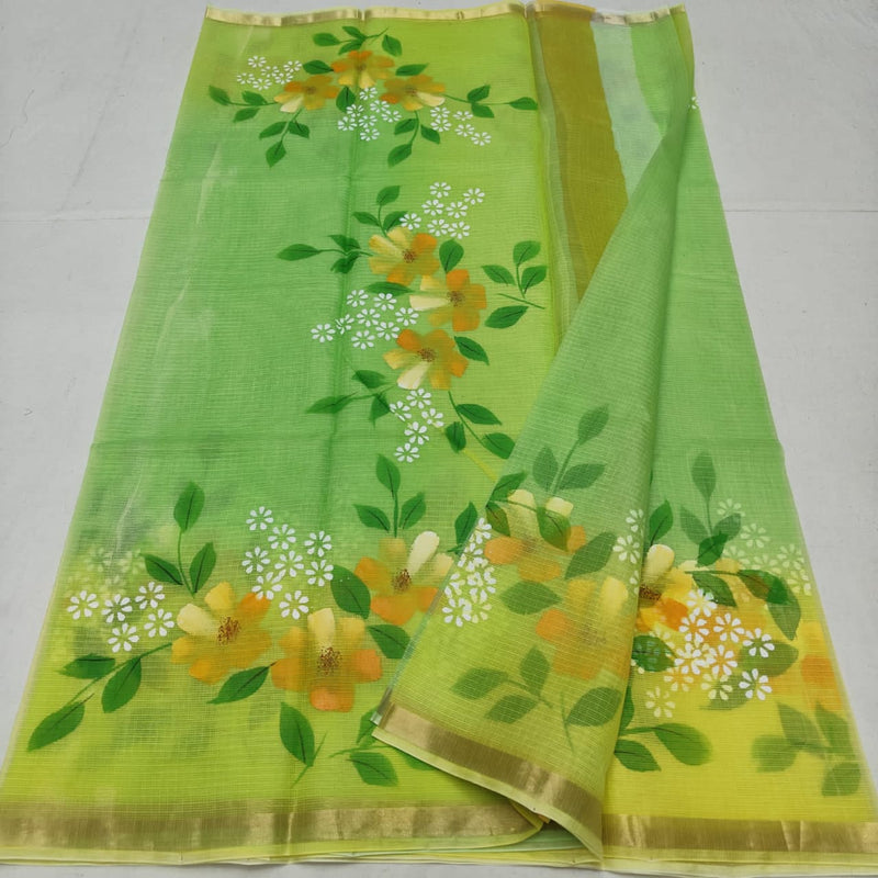 Pure Kota Cotton Brush Print Saree With Blouse.