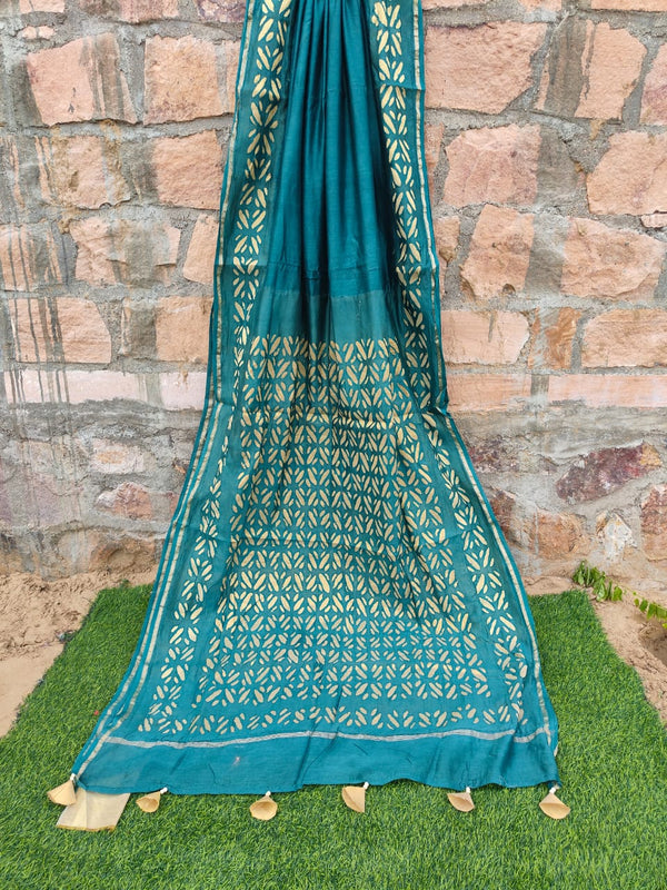 Pure Chanderi Silk Applique Work Saree With Blouse.