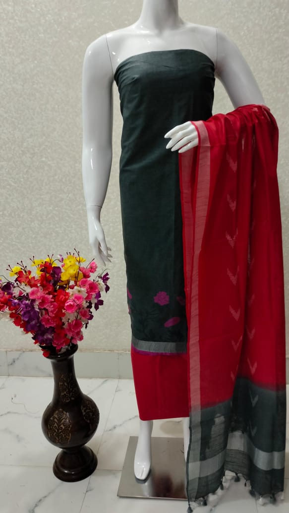 Cotton Linen Silk Flower Weaving Unstitched Suit .