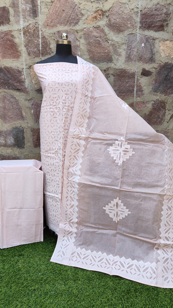 Pure Cotton Applique Work Unstitched Suit With kantha Work Dupatta.