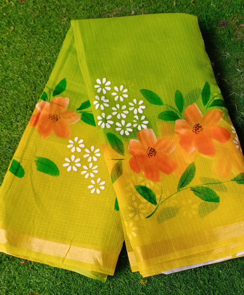 Kota Cotton Hand Brush Print saree With Blouse.