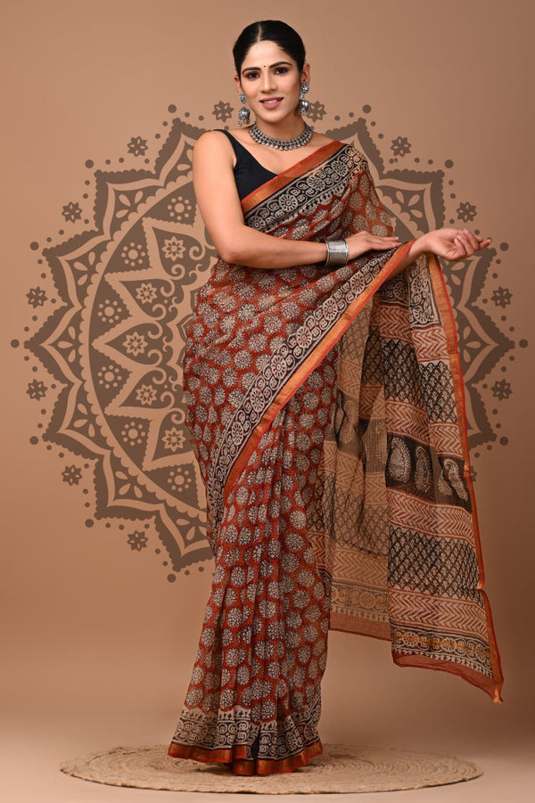 Soft Kota Silk Print Saree With Blouse.