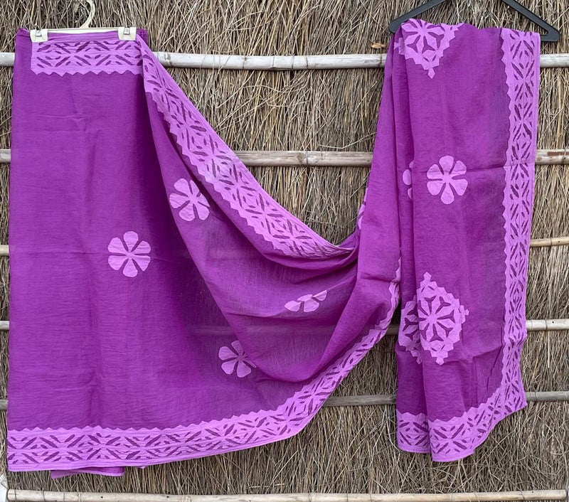 Pure Cotton Applique Work Saree With Blouse.