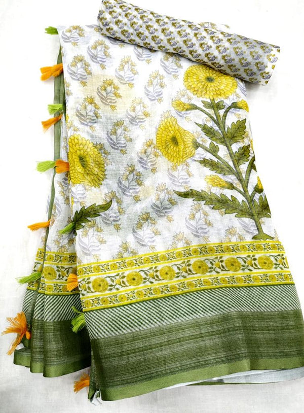 Pure Linen Silk Digital Print Saree With Blouse.