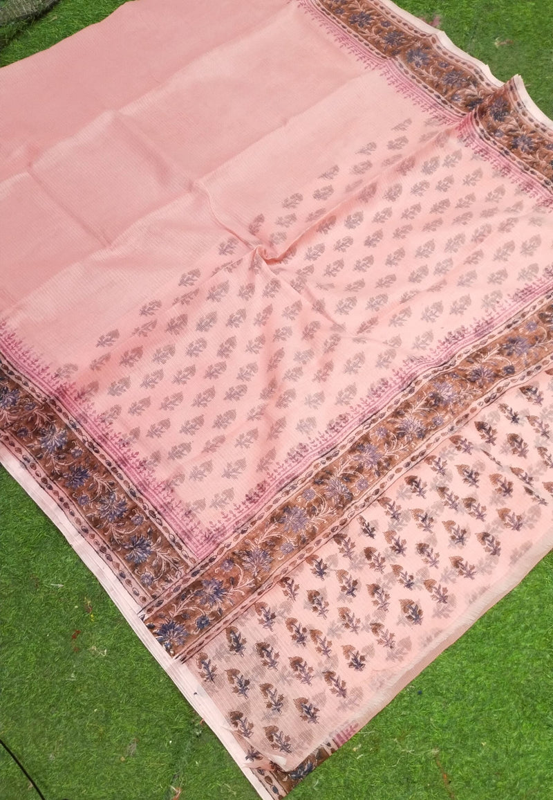 Pure Kota Cotton Block Print Saree With Blouse.