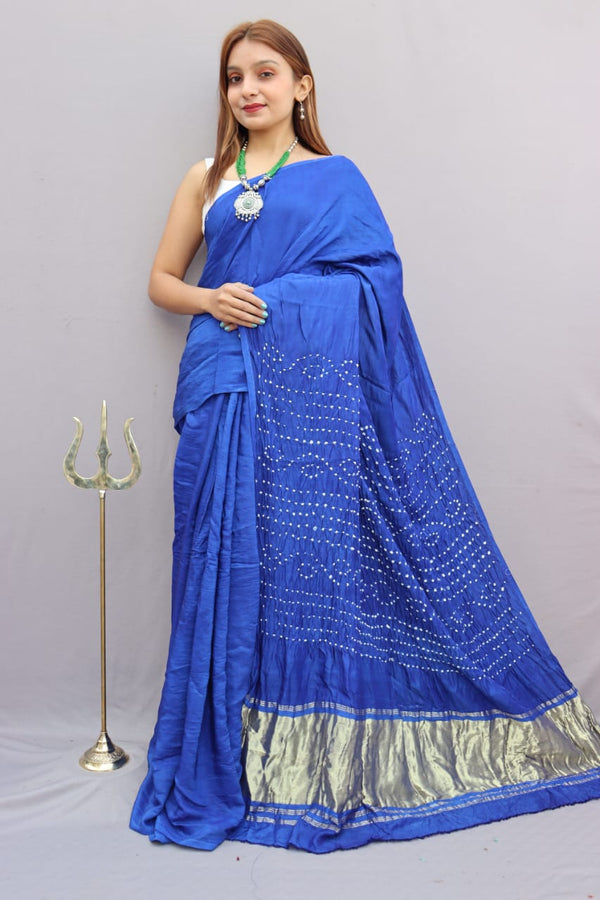 Pure Model Silk Bhandej Hand Print Saree With Blouse.