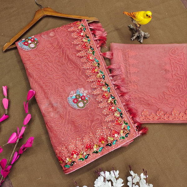 Soft Net Flower Embroidery Work Saree With Blouse.