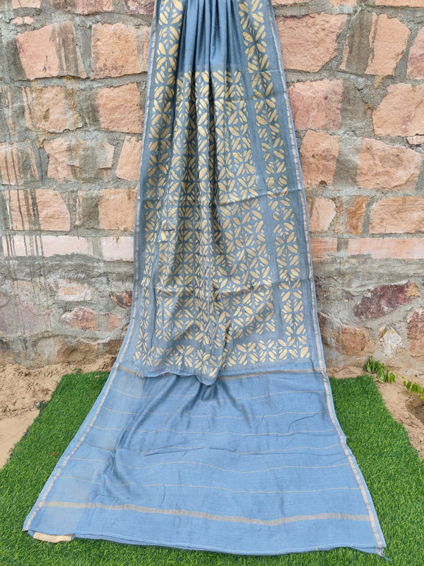 Pure Chanderi Silk Applique Work Saree With Blouse.