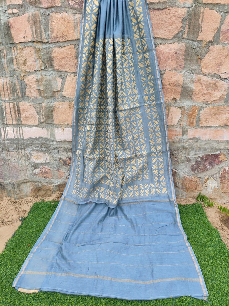 Pure Chanderi Silk Applique Work Saree With Blouse.