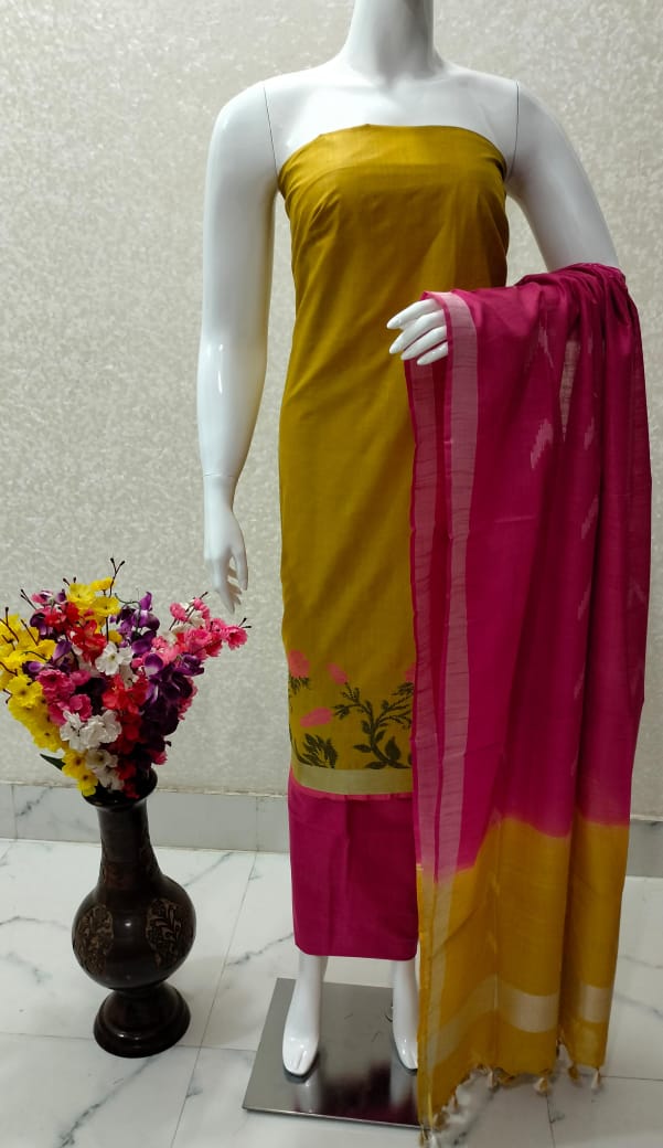 Cotton Linen Silk Flower Weaving Unstitched Suit .