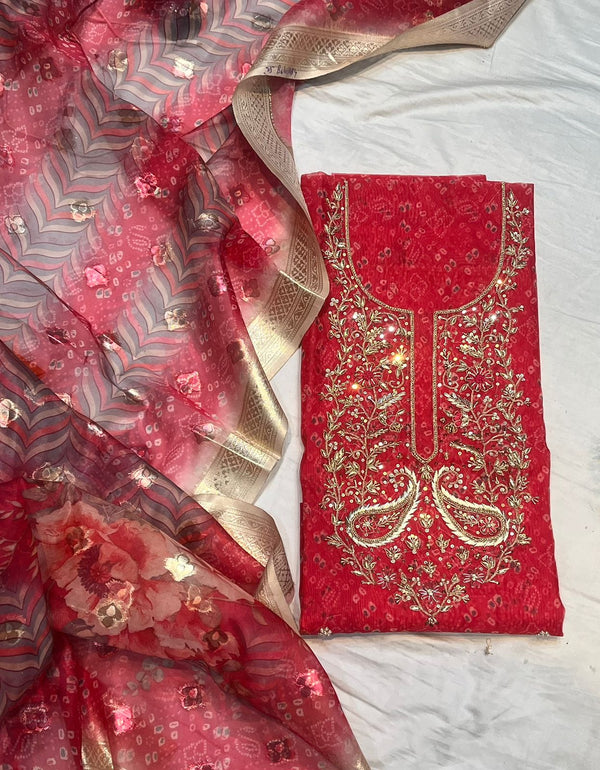 Organza printed and Neck work unstitched Suit With Organza Printed Dupatta.