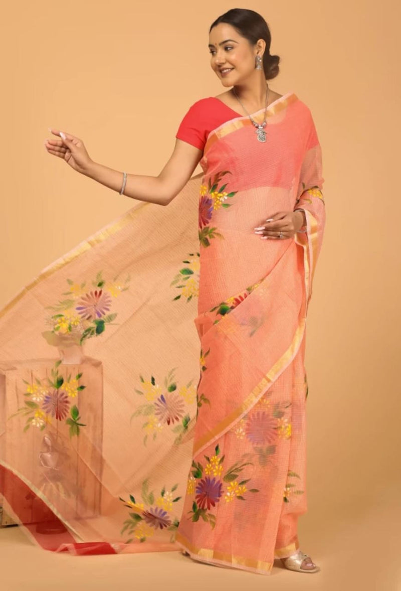 Cotton Kota Hand Brush Print Saree .