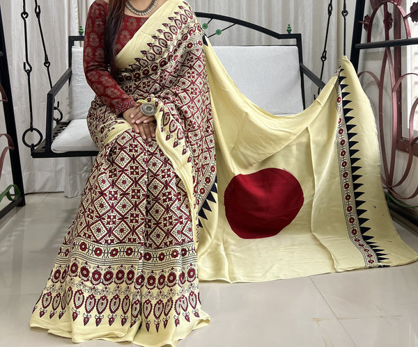 Pure Model Silk Ajrakh Hand Print Saree With Blouse.