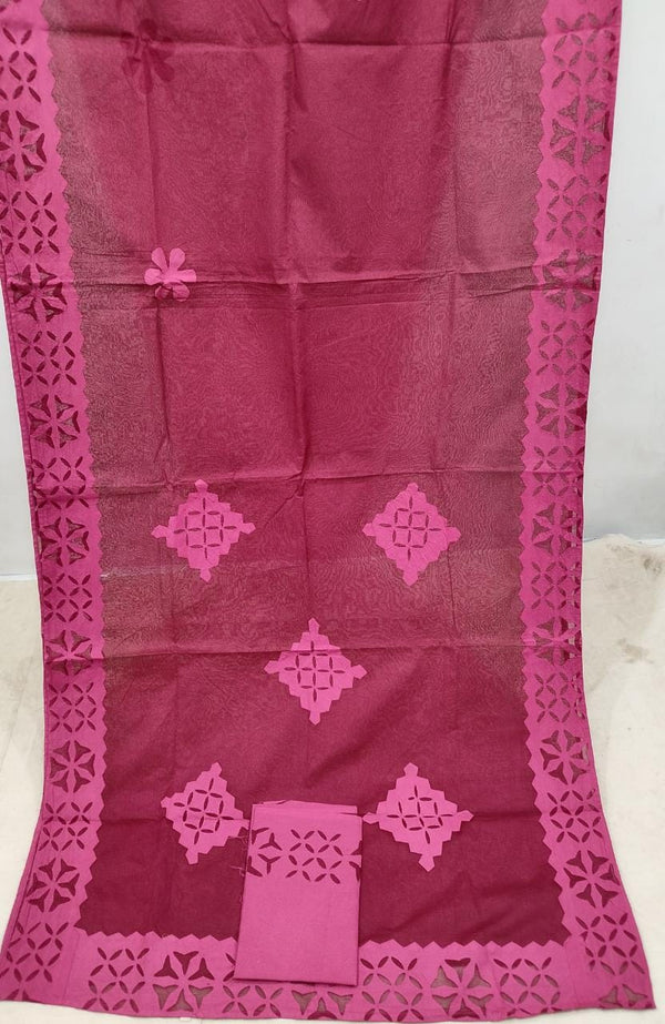 Pure Cotton Applique Work Saree With Blouse.