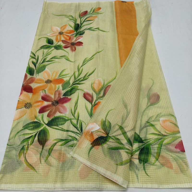 Pure Kota Cotton Brush Print Saree With Blouse.