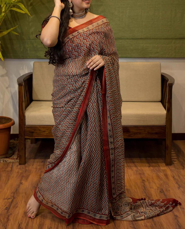 Soft Kota Silk Print Saree With Blouse.