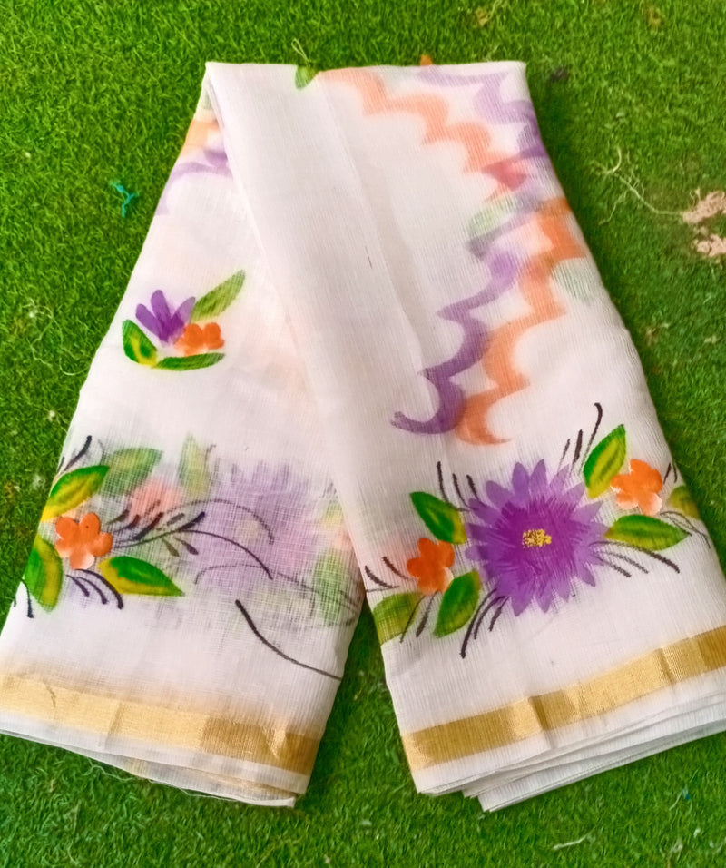 Kota Cotton Hand Brush Print saree With Blouse.