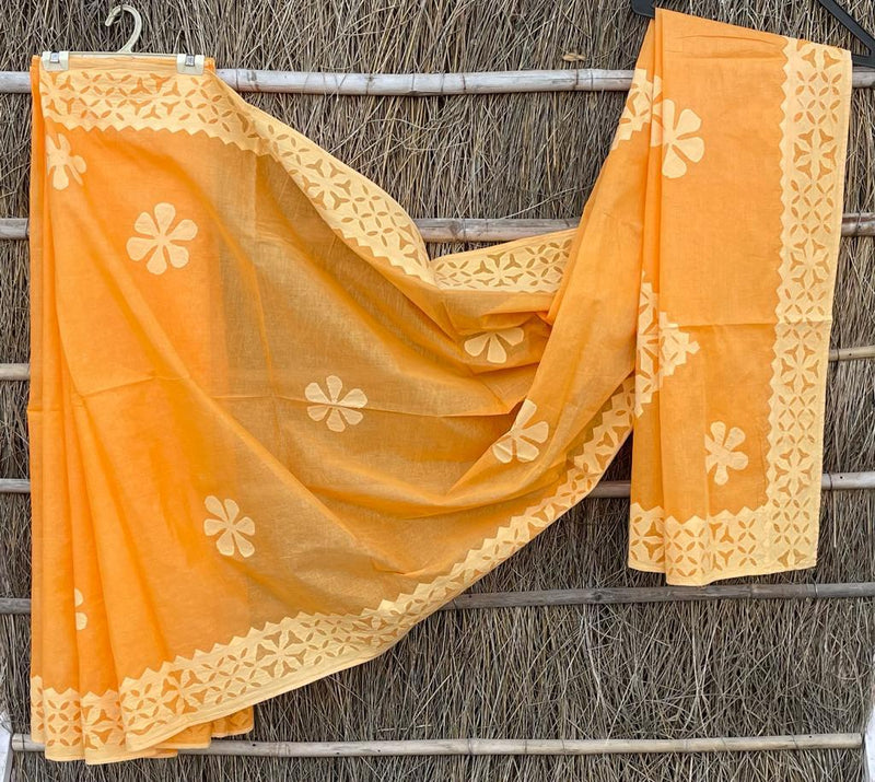 Pure Cotton Applique Work Saree With Blouse.