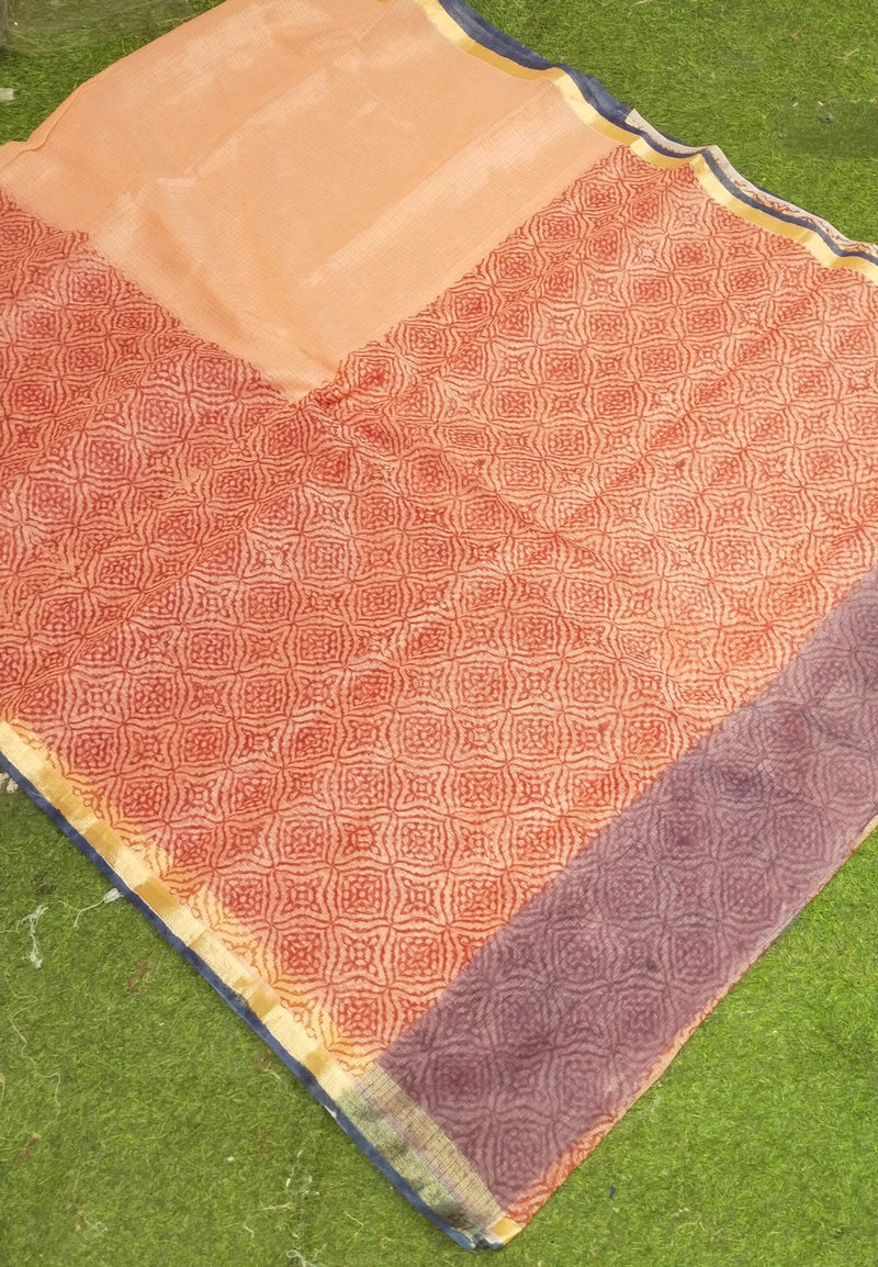 Pure Kota Cotton Block Print Saree With Blouse.