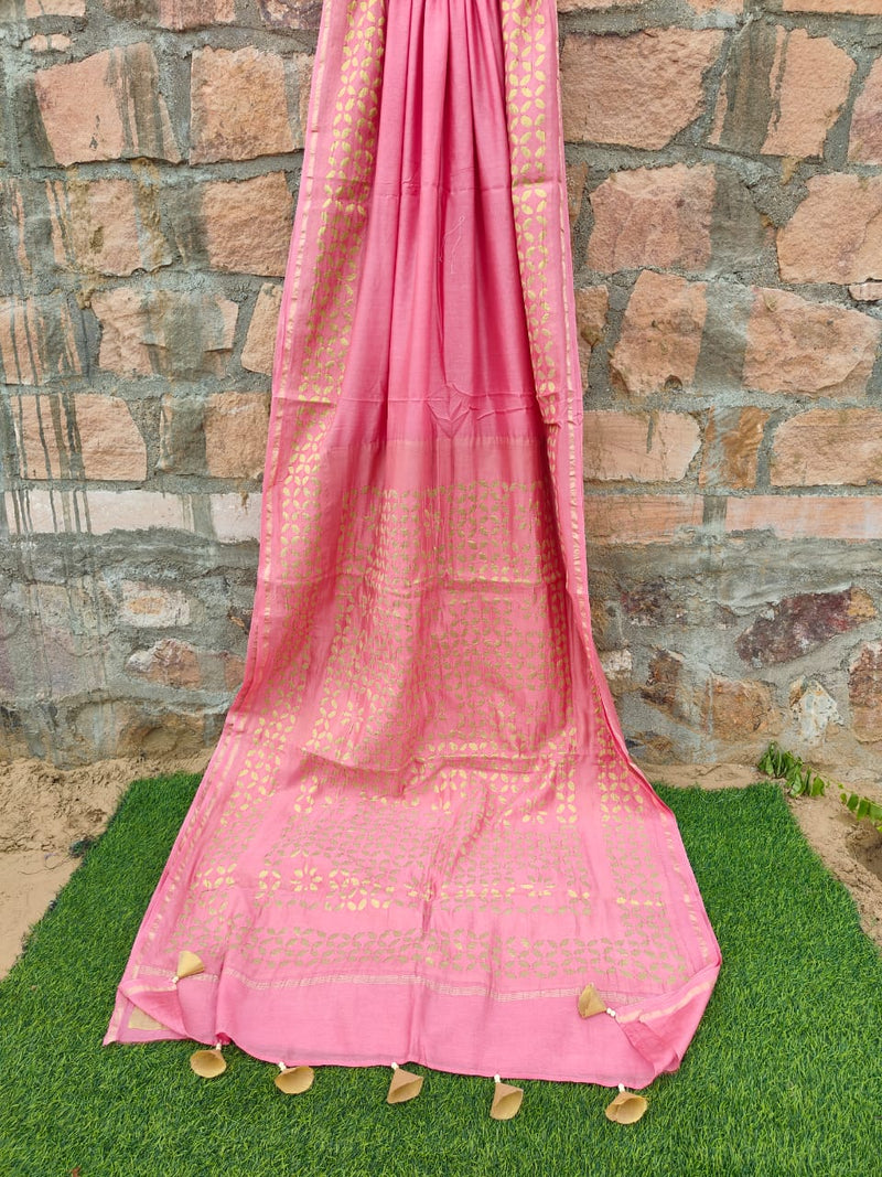 Pure Chanderi Silk Applique Work Saree With Blouse.