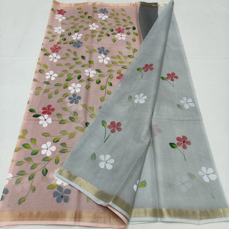 Pure Kota Cotton Brush Print Saree With Blouse.