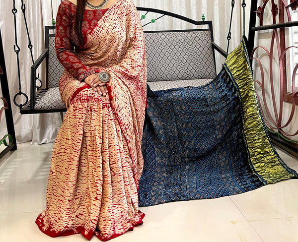 Pure Model Silk Ajrakh Hand Print Saree With Blouse.