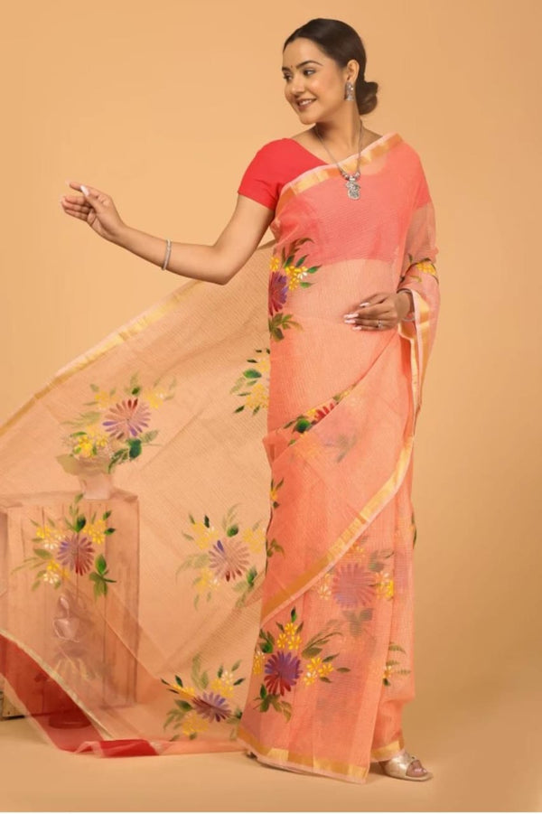 Cotton Kota Hand Brush Print Saree .