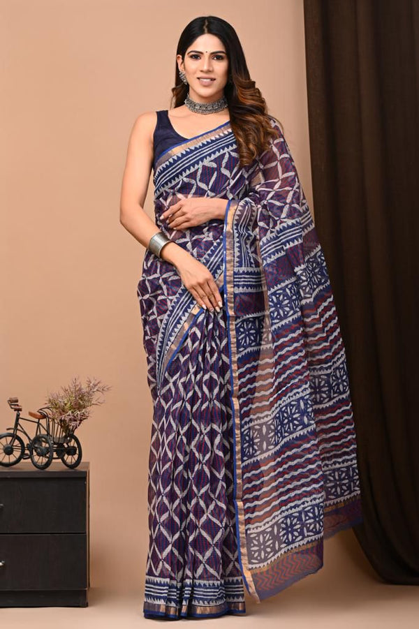 Soft Kota Silk Print Saree With Blouse.