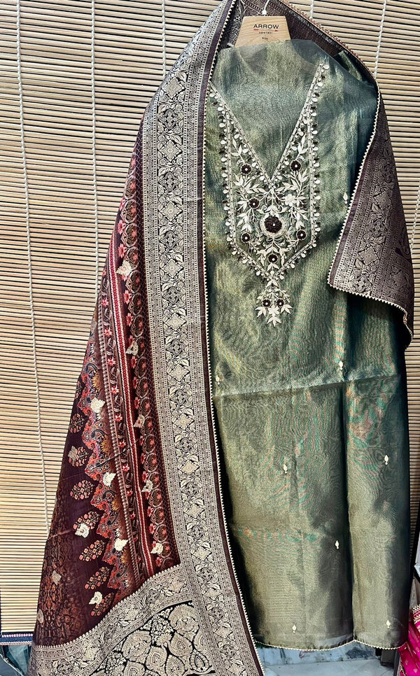 Pure Tissue Silk Work Unstitched Suit With Dola Silk Dupatta.