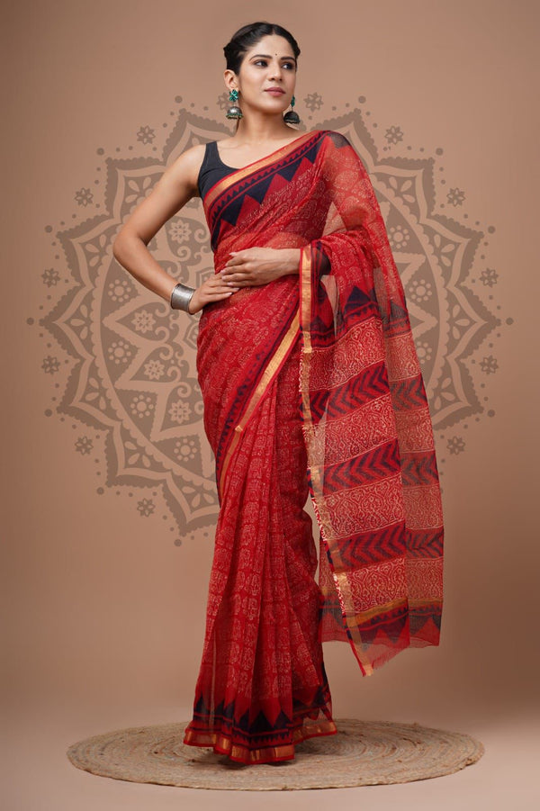 Soft Kota Silk Print Saree With Blouse.