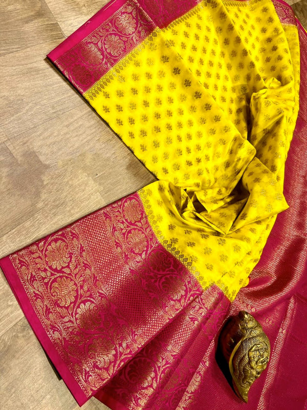 Pure Banarasi Semi Georgette Silk Saree With Zari Buti Work With Contrast Pallu & Border