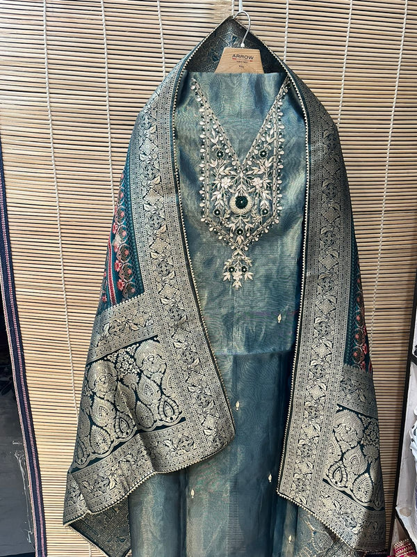 Pure Tissue Silk Work Unstitched Suit With Dola Silk Dupatta.