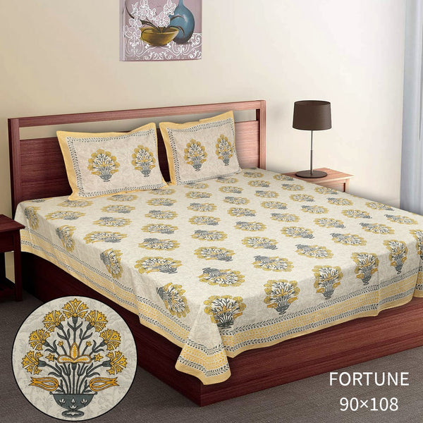 Pure Cotton King Size Double Bed Sheet With Two Pillow Cover (90x108).