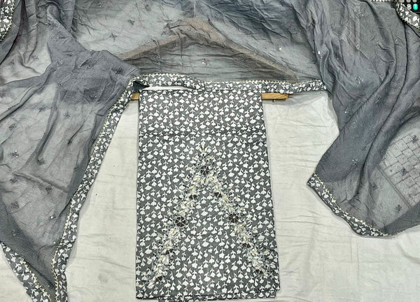Cotton printed And Hand Work Unstitched Suit With Chiffon Dupatta.