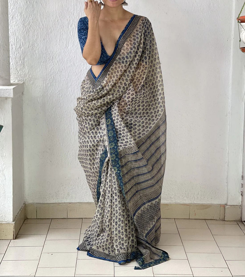 Soft Kota Silk Print Saree With Blouse.