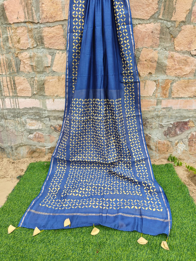 Pure Chanderi Silk Applique Work Saree With Blouse.