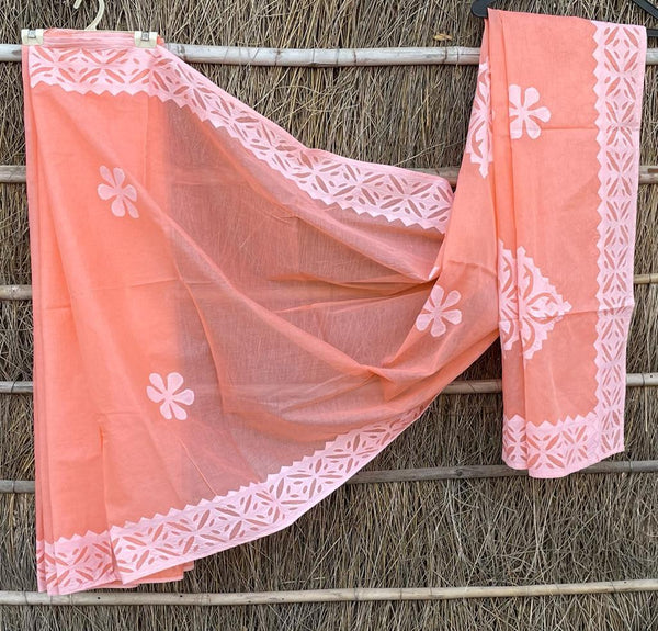 Pure Cotton Applique Work Saree With Blouse.