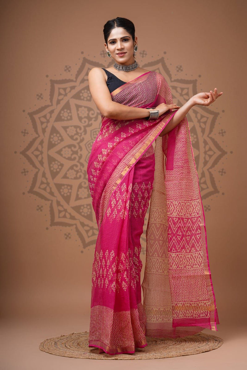 Soft Kota Silk Print Saree With Blouse.