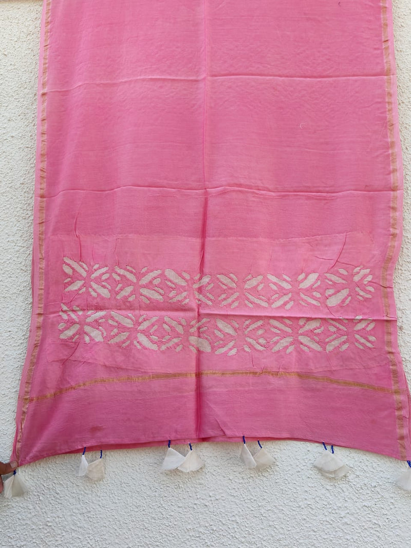 Pure Chanderi Silk Applique Work Saree With Blouse.