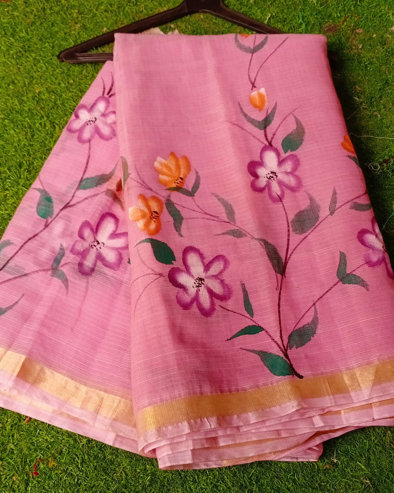 Kota Cotton Hand Brush Print saree With Blouse.