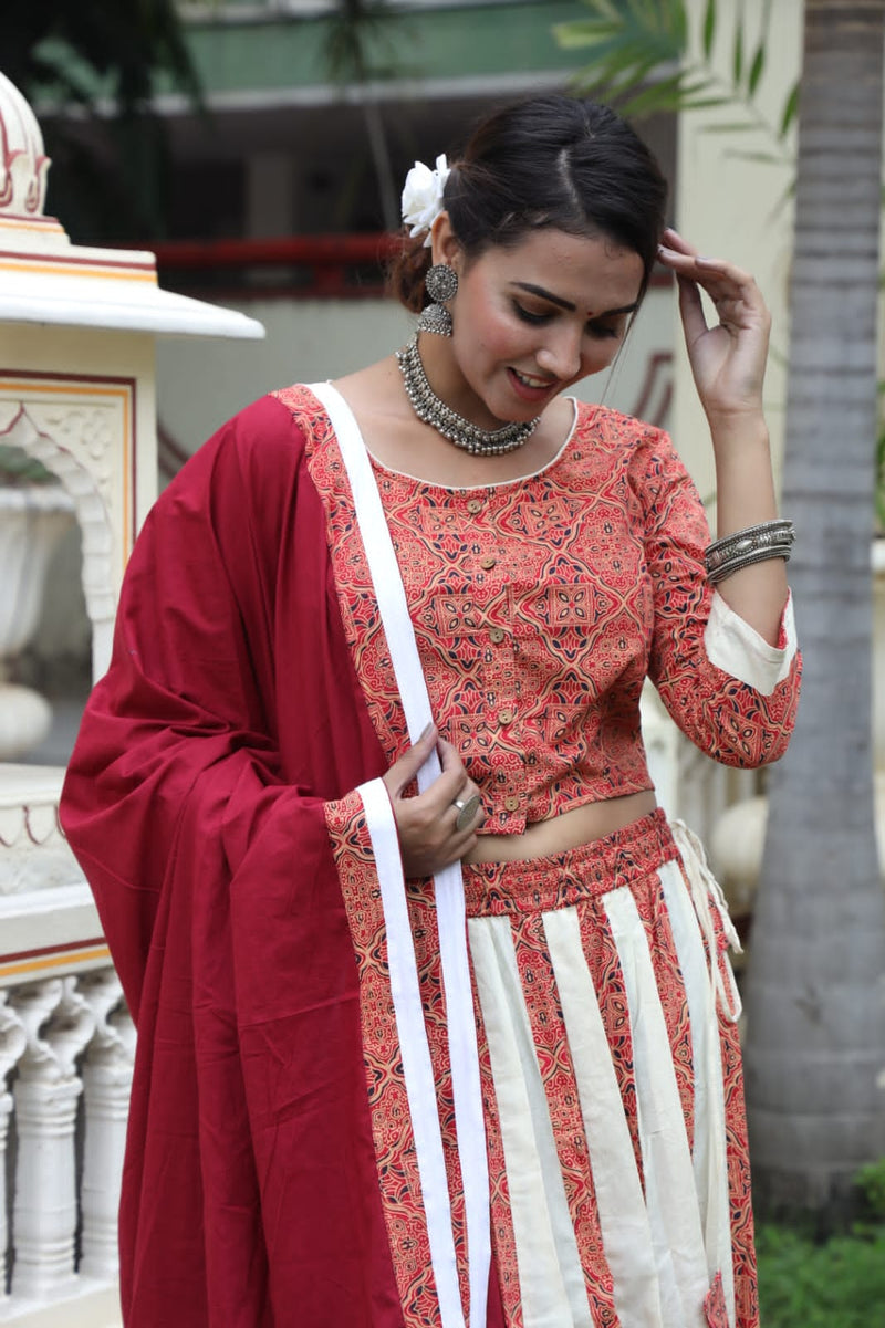 Pure Cotton Hand Block Top And Skirt With Cotton Dupatta.