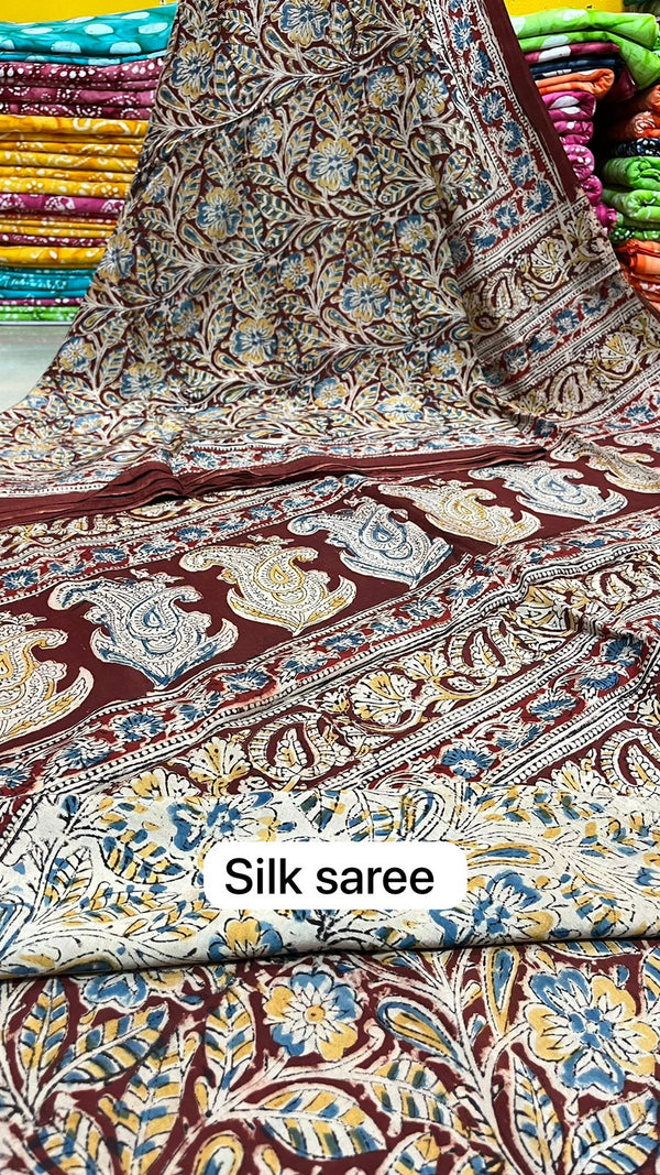 Handmade Block Printed Kalamkari Silk saree With Blouse.