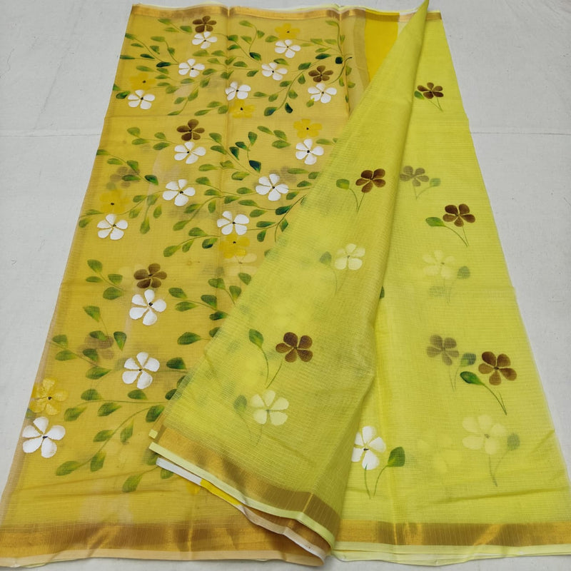 Pure Kota Cotton Brush Print Saree With Blouse.